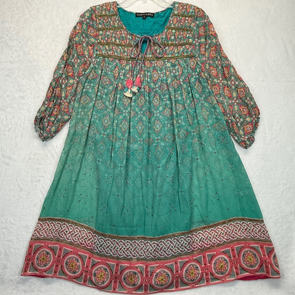 Anthropologie Tanvi Kedia Dress Bohemian‎ Tassel Tie Rayon Green Floral Print S